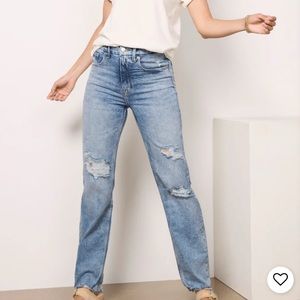 Good American Blue Straight Leg Jeans with Distressed Details